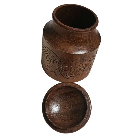 1960s Teak Wood Hand Carved Tea Canister With Lid Round Container Tiki Jar - Picture 3 of 7